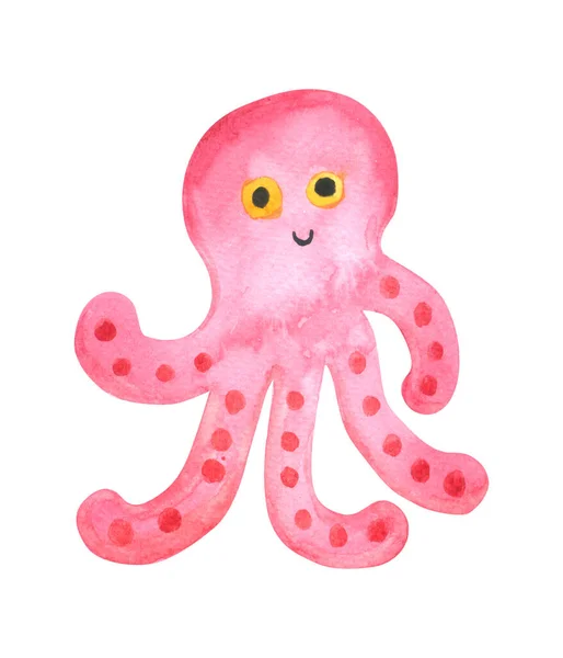 Squid Cartoon Watercolor Isolated White Background Animal Hand Drawn Character — Stock Photo, Image