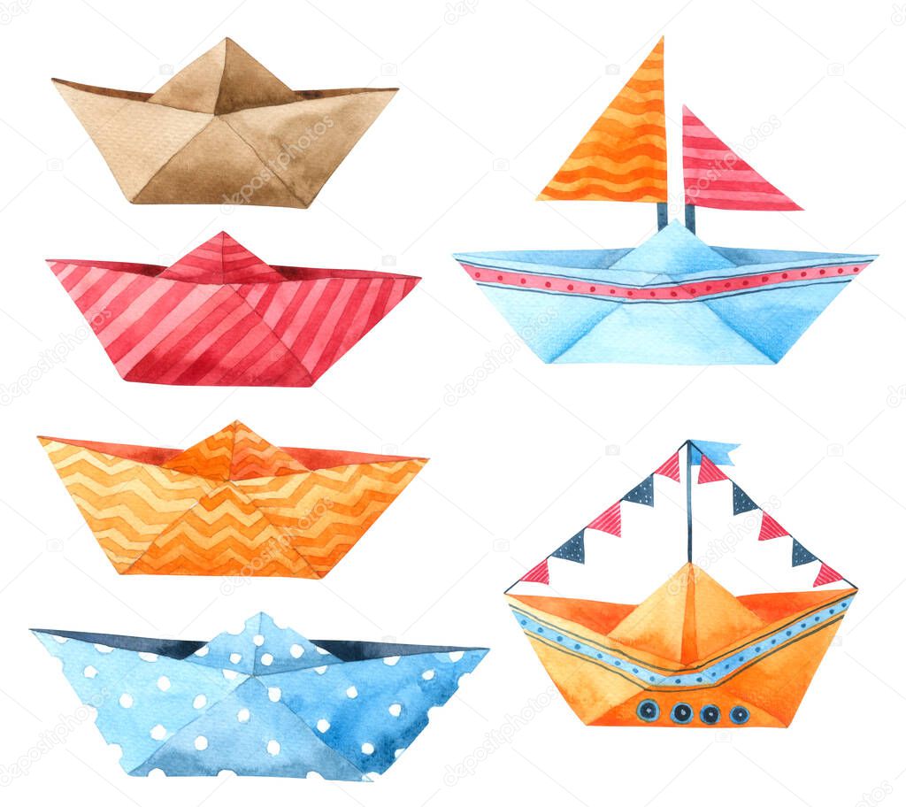 Boat Paper Cartoon watercolor isolated on white background , Hand drawn character for Kids, Greeting Card , Cases design, Postcards, Product, Notebook and more