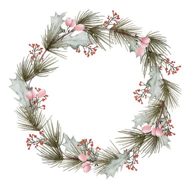 Beyaz arka planda izole edilmiş Noel çelengi suluboya el resmi