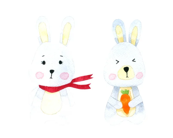 Set Cartoni Animati Acquerello Bunny Carino Coniglio Isolato Sfondo Bianco — Foto Stock