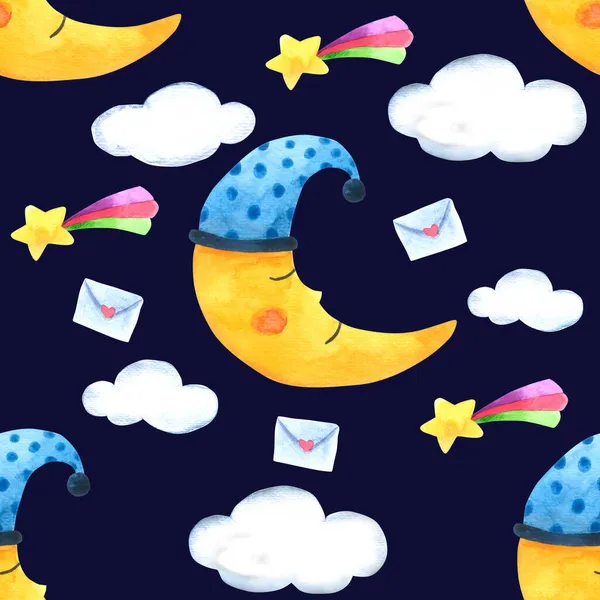 Бесшовный Шаблон Луна Облако Упаковки Печать Ткани Акварель Рисунок Ручной — стоковое фото