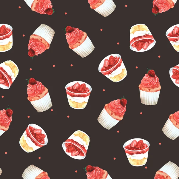 Padrão Sem Costura Strawberry Cupcake Para Embalagem Fundo Marrom Para — Fotografia de Stock