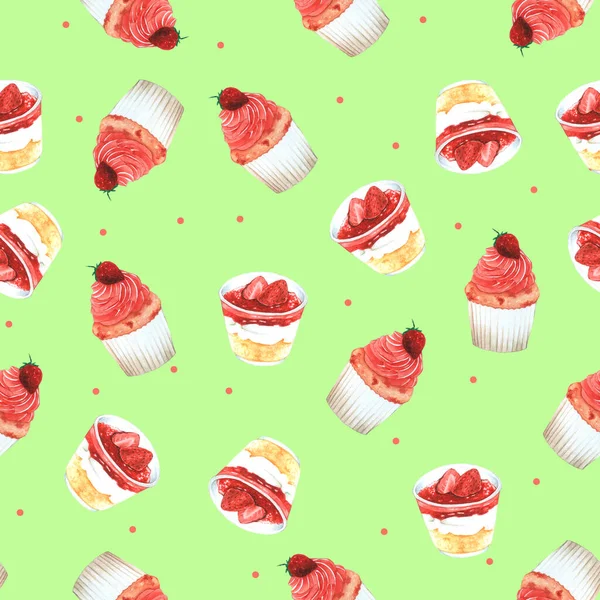 Seamless Pattern Strawberry Cupcake Packaging Brown Background Children Clothing Watercolor — Stock Photo, Image