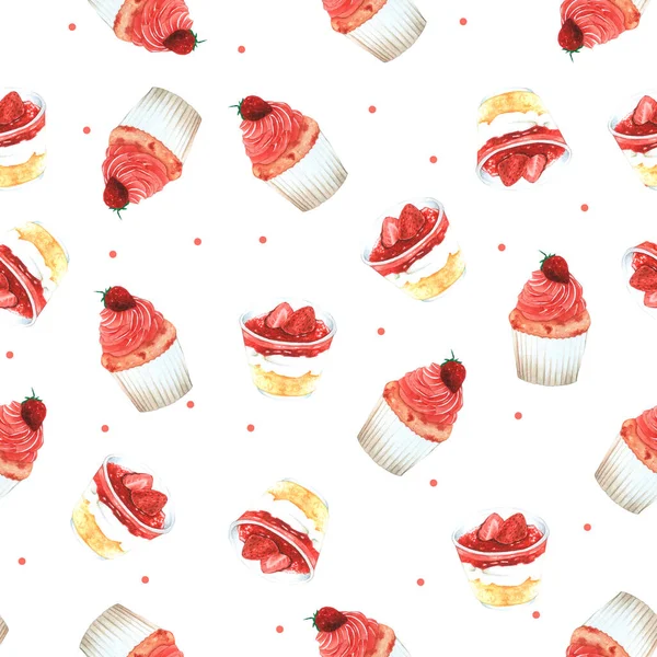 Padrão Sem Costura Strawberry Cupcake Para Embalagem Fundo Marrom Para — Fotografia de Stock
