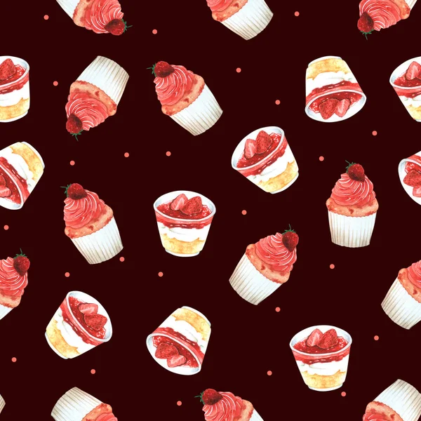 Nahtlose Muster Erdbeer Cupcake Für Verpackungen Brauner Hintergrund Für Kinderbekleidung lizenzfreie Stockbilder