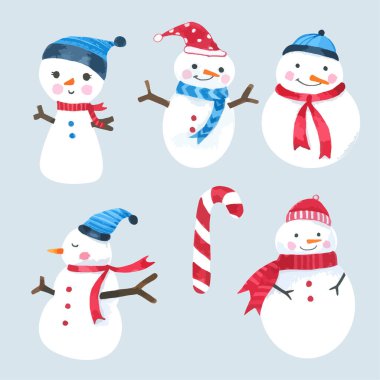 Beyaz arkaplanda kardan adam suluboya koleksiyonu, Çocuklar için çizilen el, tebrik kartı, dava tasarımı, kartpostal, ürün, not defteri ve daha fazlası.