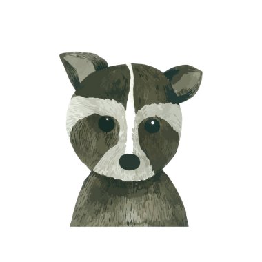 Beyaz arka planda izole edilmiş rakun çizgi filmi suluboya. Hayvan eli çizilmiş karakter resmi.