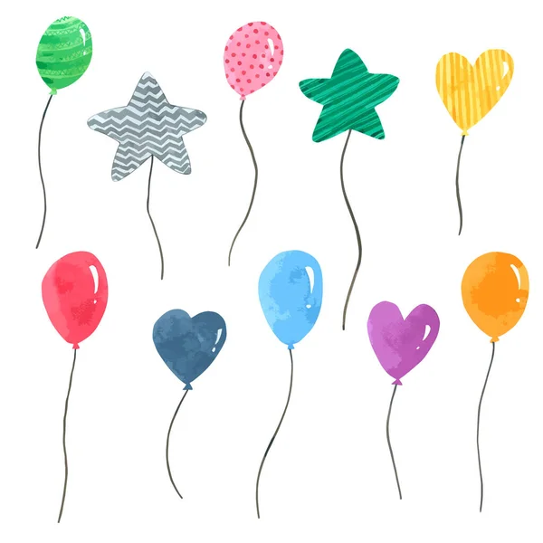 Συλλογή Νερομπογιάς Balloon Λευκό Φόντο Χειροποίητο Για Παιδιά Ευχετήρια Κάρτα — Διανυσματικό Αρχείο