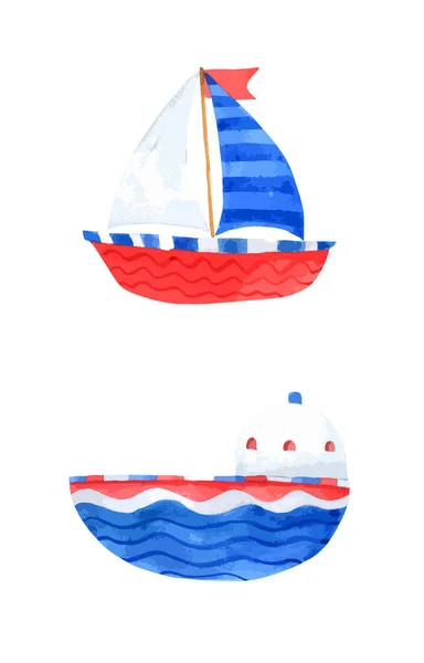 Colección Acuarela Barco Sobre Fondo Blanco Dibujos Animados Barcos Dibujados — Archivo Imágenes Vectoriales