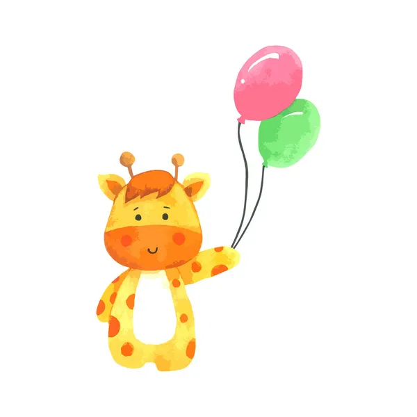 Giraff Innehav Ballong Tecknad Akvarell Vit Bakgrund Hand Dras Karaktär — Stock vektor