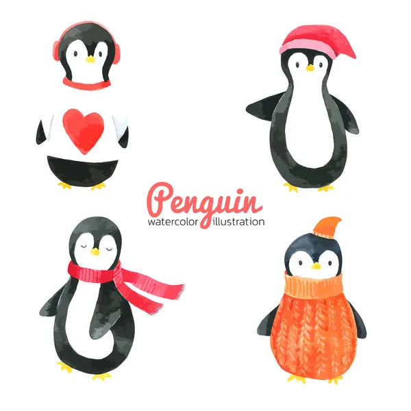 Penguin Rajzfilm Akvarell Gyűjtemény Fehér Háttér Kézzel Rajzolt Gyerekeknek Üdvözlőlap — Stock Vector