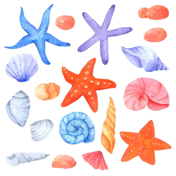 Skaldjur Och Starfish Akvarell Samling Vit Bakgrund Hand Dras För — Stock vektor