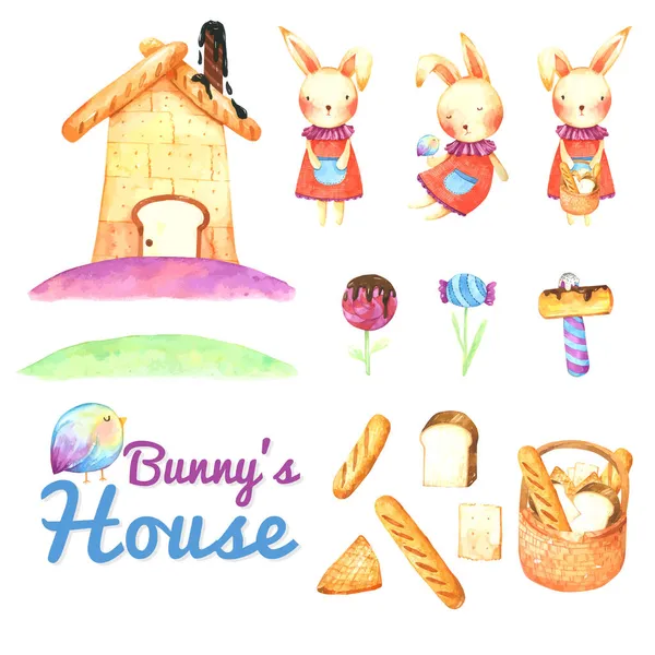 Bunny Bread House Γελοιογραφία Ακουαρέλα — Διανυσματικό Αρχείο