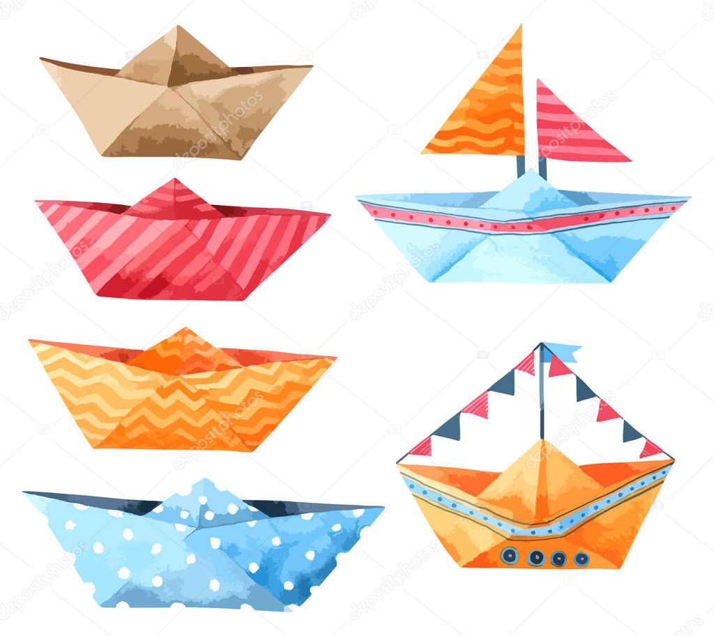 Boat Paper Cartoon watercolor isolated on white background , Hand drawn character for Kids, Greeting Card , Cases design, Postcards, Product, Notebook and more