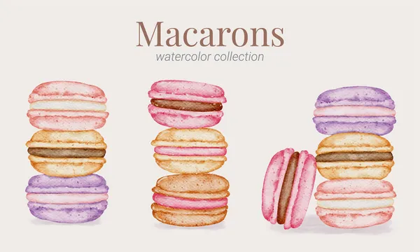 Macaron Dessert Aquarell Collage — Stockvektor