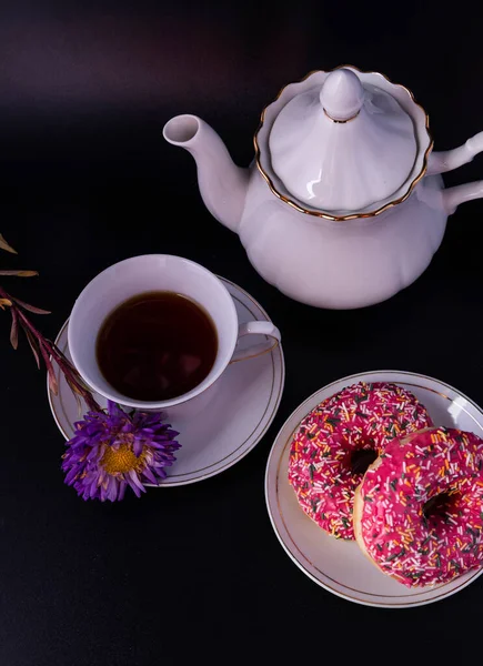 Set Tea Ceremony Donuts Icing Flower Black Background — Stock Photo, Image