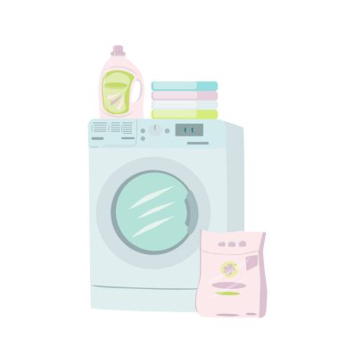 Çamaşır makinesinin vektör çizimi, çamaşır tozu, deterjan ve çamaşır yığını.
