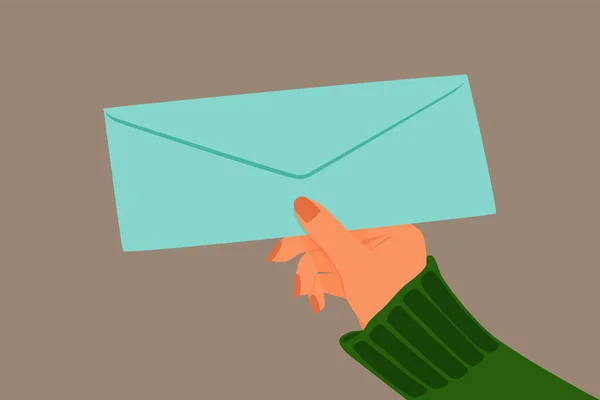 女人的手拿着蓝色的信封通过邮政服务发送信件或信函 矢量说明 — 图库矢量图片