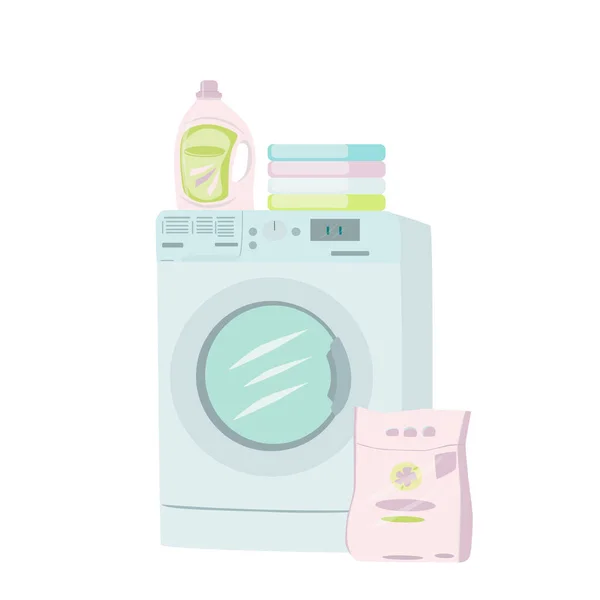 Çamaşır makinesinin vektör çizimi, çamaşır tozu, deterjan ve çamaşır yığını.