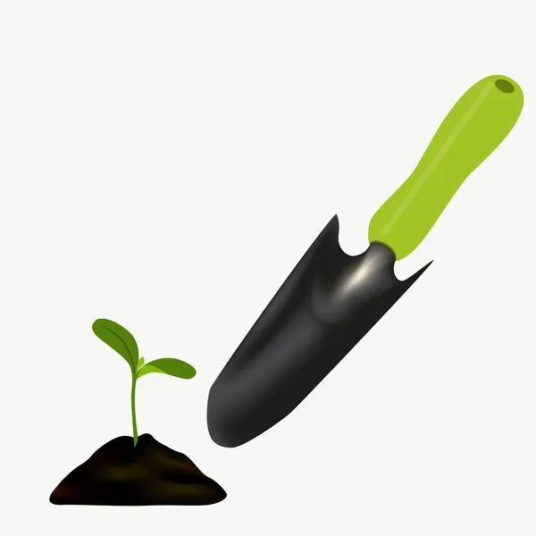 Vektorová Ilustrace Zelené Klíčky Zahradní Ruční Lopaty Izolované Bílém Pozadí — Stockový vektor