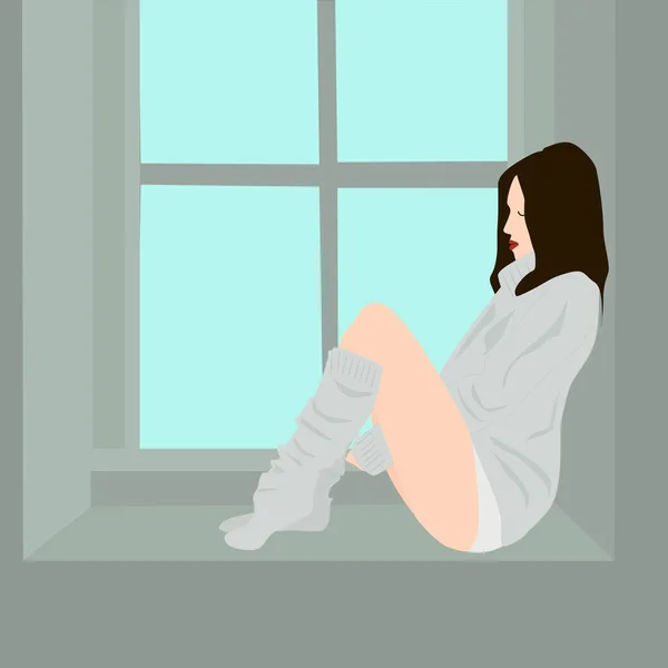 Sıcak süveter ve örgü çoraplı bir kadının pencere pervazında oturmasının vektör çizimi..