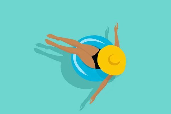 Mavi bir şamandırada yüzen sarı şapkalı bir kadının vektör çizimi..