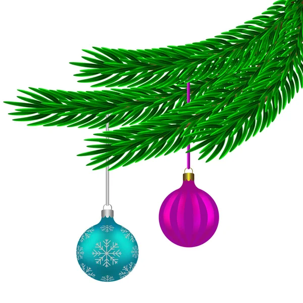 Beyaz arka planda izole edilmiş noel topları olan bir ladin dalının vektör çizimi.