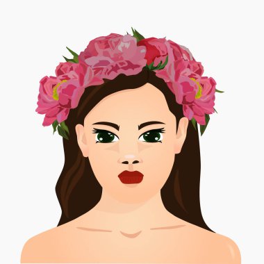 Kafasında şakayık çelengi olan tatlı bir kız. Vektör illüstrasyonu.