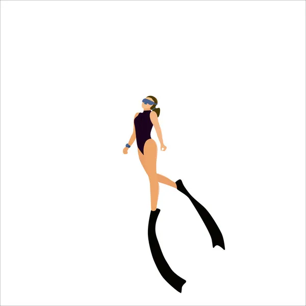Beyaz arka planda izole edilmiş serbest dalış yapan bir kadının vektör çizimi.