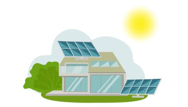 Güneş panelleriyle donatılmış modern bir evin vektör çizimi. Güneşin yenilenebilir kaynağından temiz elektrik enerjisi elde etme kavramı.