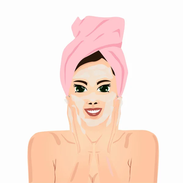 Ilustración Vectorial Una Mujer Sonriente Con Toalla Rosa Cabeza Lavarse — Vector de stock