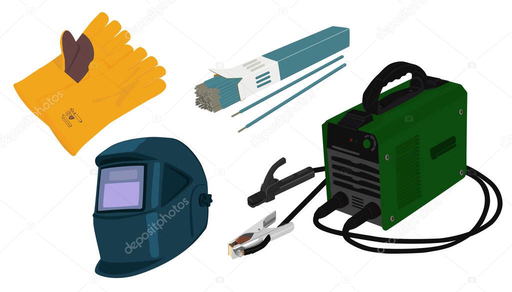 Set of a welding equipment - welding machine, mask, gloves and electrodes. Vector illustration.