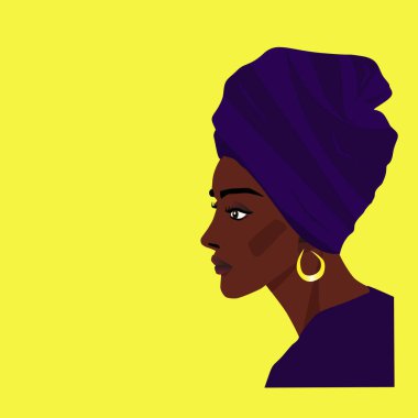 Sarı arka planda sarıklı güzel bir Afrikalı Amerikalı kadının portresi. Vektör illüstrasyonu.