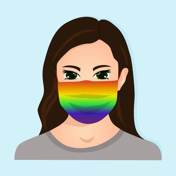 Koruyucu gökkuşağı renkli maskeli genç bir kadın açık mavi arka planda izole edilmiş. Vektör illüstrasyonu.