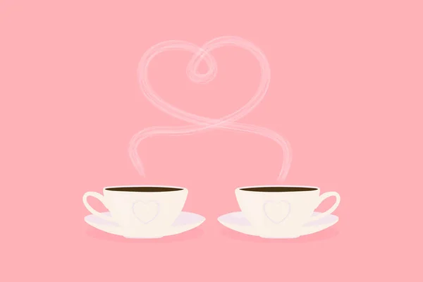 White Mugs Lovers Hot Tea Coffee Steam Shape Heart Pink — Stock Vector