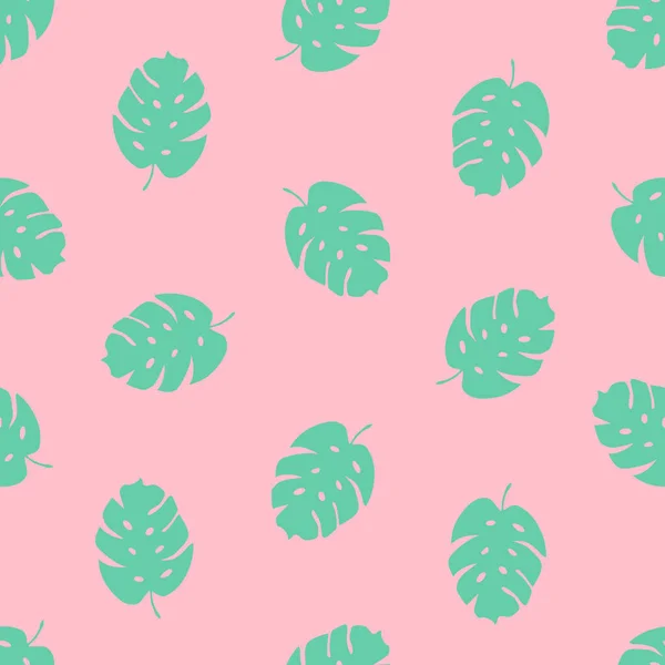 Seamless pattern with green palm leaf on a pink background. Vector illustration.