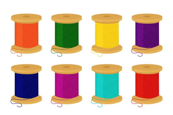 Set Spools Colored Threads Isolated White Background Vector Illustration — Vetor de Stock