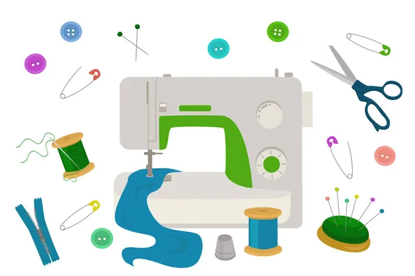 Modern Sewing Machine Set Tools Tailoring Vector Illustration — Stockvektor