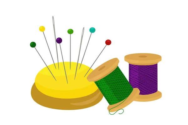 Yellow Pincushion Sewing Needles Colorful Pins Spools Cotton Thread Vector — Wektor stockowy