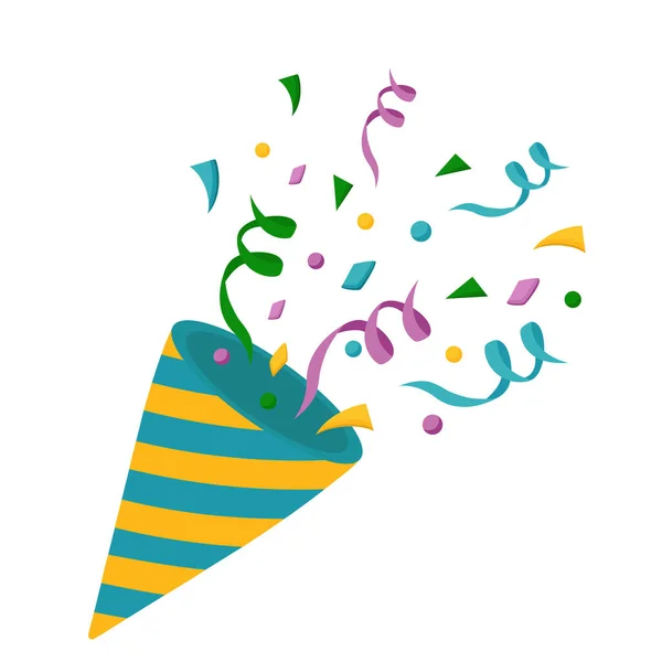 Beyaz arka planda izole edilmiş renkli konfetileri olan mavi-sarı çizgili bir parti popper 'ının vektör çizimi.