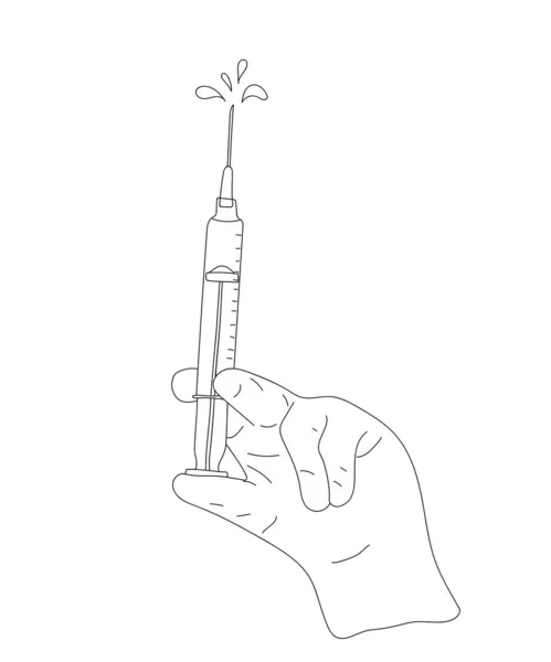 医療用手袋の手のベクトルイラストは ドアスタイルで注射器を保持します 予防接種と医療の概念 — ストックベクタ