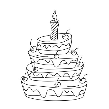 Üç katlı doğum günü pastası. Karalama şeklinde böğürtlen ve mum..