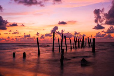 Eski ahşap köprü terk edilmiş iskele kütükleri Chomphon bölgesindeki Thungsang körfezi Tayland, Tropikal sahil kıyısı, Beyaz Denge etkisi
