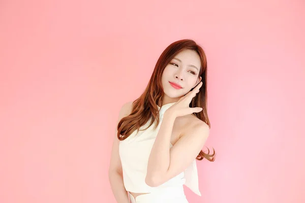 Posing Beautiful Asia Woman Pink Background Emotions Action Fashion Set — Stock Photo, Image