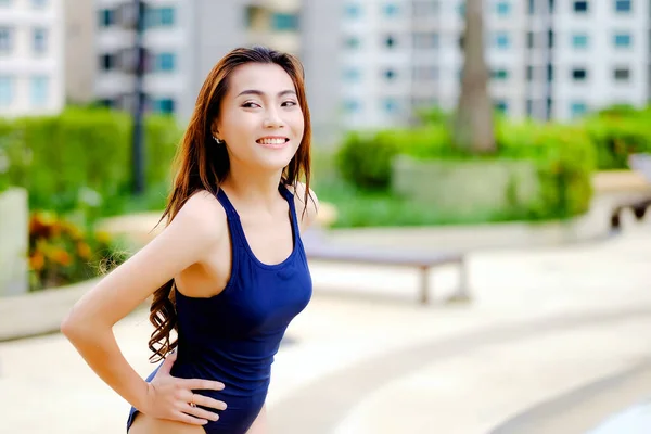 Retrato Asia Sexy Mujer Piscina Moda Verano Temporada Concepto —  Fotos de Stock