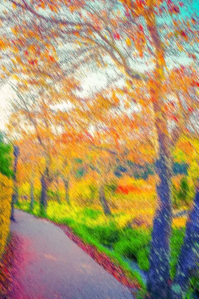 Parque Outono Processamento Desenho Com Efeito Pastel Lápis — Fotografia de Stock