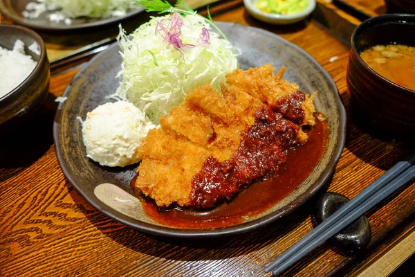 Makanan Jepang Mengatur Makanan Tonkatsu Daging Babi Atau Ayam Dengan — Stok Foto