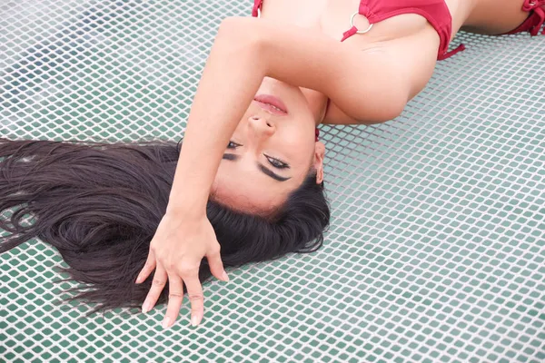 Porträtt Sexig Asiatisk Kvinna Bär Bikini Båten — Stockfoto