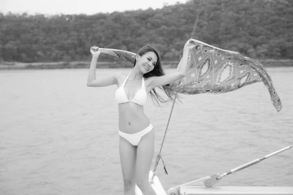 Portrait Sexy Asia Woman Wear Bikini Yacht — Stock Photo, Image