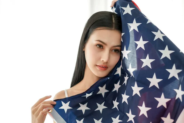 Portrait Sexy Asia Woman Usa Flag — Stock Photo, Image